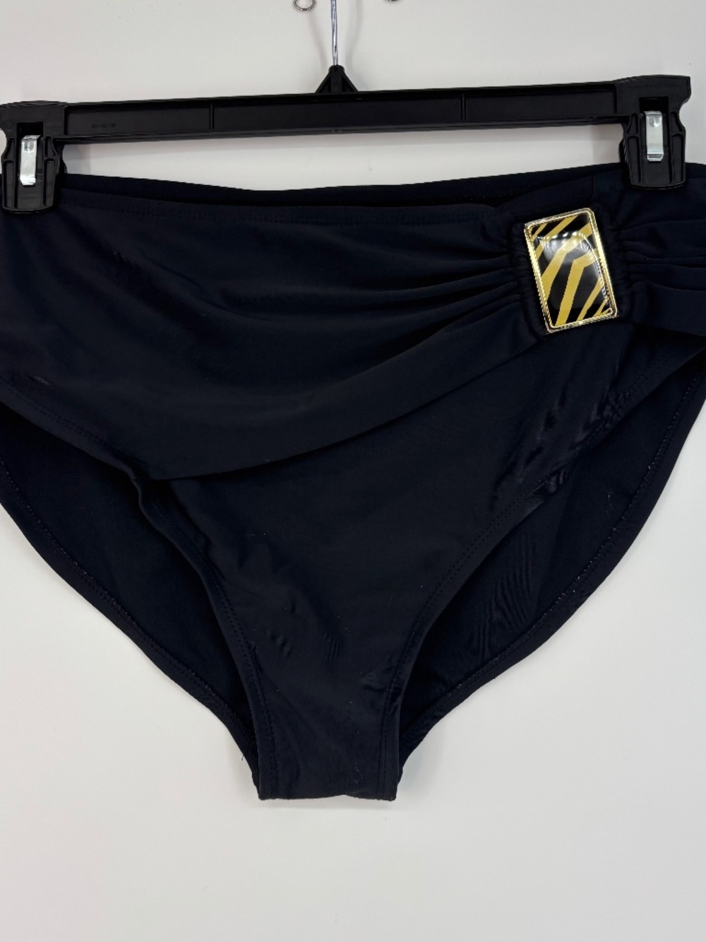 Catalina Womens XL Bikini Swim Briefs Bottoms Black Gold Tone Buckle Accent